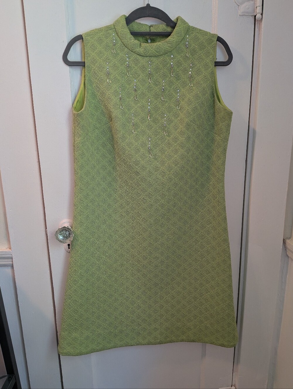 True 60s Vintage Leslie Fay Lime Green Mock-Neck Embellished Mini Dress - ~L